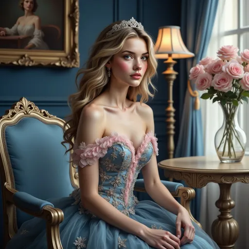 Prompt: Adorned in an exquisite gown, a young woman with flowing, wavy hair sits gracefully on an ornate chair, exuding elegance and poise. Her off-the-shoulder dress showcases intricate beadwork and a beautiful blend of pink and blue tones, complemented by a sparkling tiara that crowns her head. The opulent setting features rich blue walls adorned with classic art, and softly lit lamps that cast a warm glow across the room, creating a refined atmosphere. Nearby, a vase filled with delicate pink roses adds a romantic touch to the scene, highlighting the mood of sophistication and charm. The interplay of light and textures in this luxurious interior captures a moment of timeless beauty and regal tranquility.
