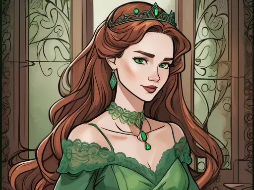 Prompt: This is a digital drawing in a stylized comic art style. The central figure is a young woman with long, wavy, auburn hair that cascades down her back. She has fair skin and green eyes, with a subtle smile on her lips.  She wears a green, off-the-shoulder dress with intricate lace detailing along the neckline and straps. A matching green tiara with a gemstone sits atop her head, and she also wears a green choker with a large, heart-shaped gemstone in the center, as well as green earrings that match the tiara and choker. The background features a dense forest with tall, brown tree trunks and green leaves, rendered in a slightly exaggerated, cartoonish style. The green of the forest and her attire create a cohesive color palette. The overall texture of the drawing is smooth, with bold, black outlines and a slightly shaded, yet flat, color fill. The woman's confident and serene expression, combined with her elaborate, green regalia, suggests a fantasy or fairy tale theme.