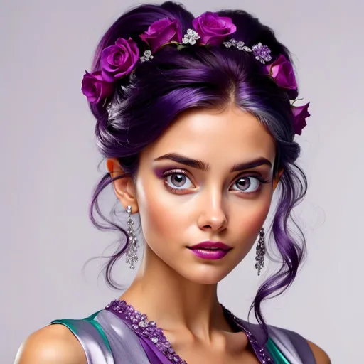 Prompt: <mymodel>Beautiful and Gorgeous woman, purple roses in hair