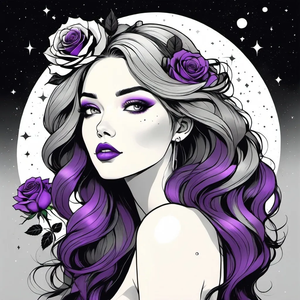 Prompt: Cosmic Epic Beauty, Beautiful and Gorgeous, purple roses in hair