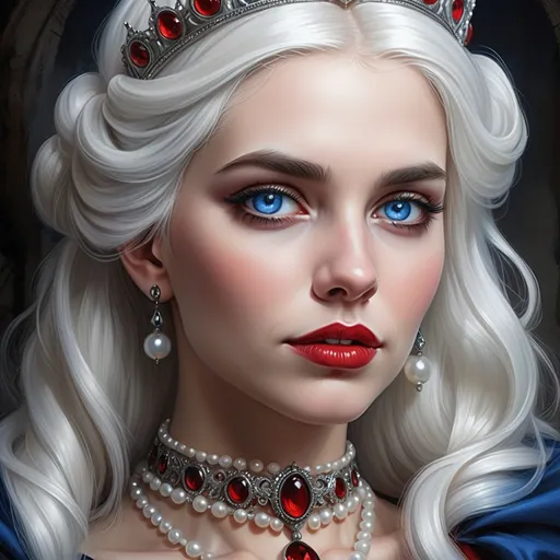 Prompt: a woman with  white hair, blue eyes, a tiara and pearls on her head and a red lip and a blue dress with a red and white collar, Anne Stokes, gothic art, highly detailed digital painting, a detailed painting