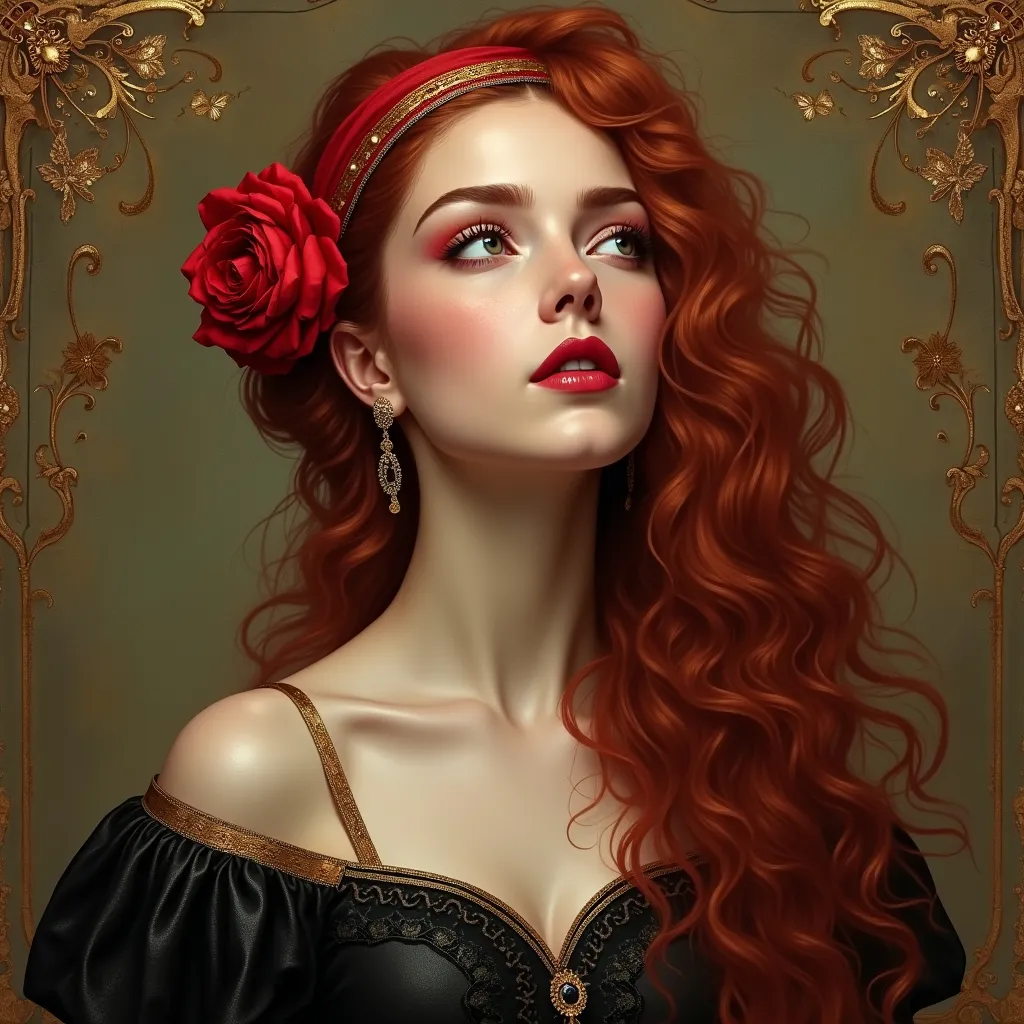 Prompt: a painting of a woman with red hair and a red flower in her hair, wearing a black dress and a red headband, Altoon Sultan, qajar art, highly detailed digital painting, a detailed painting