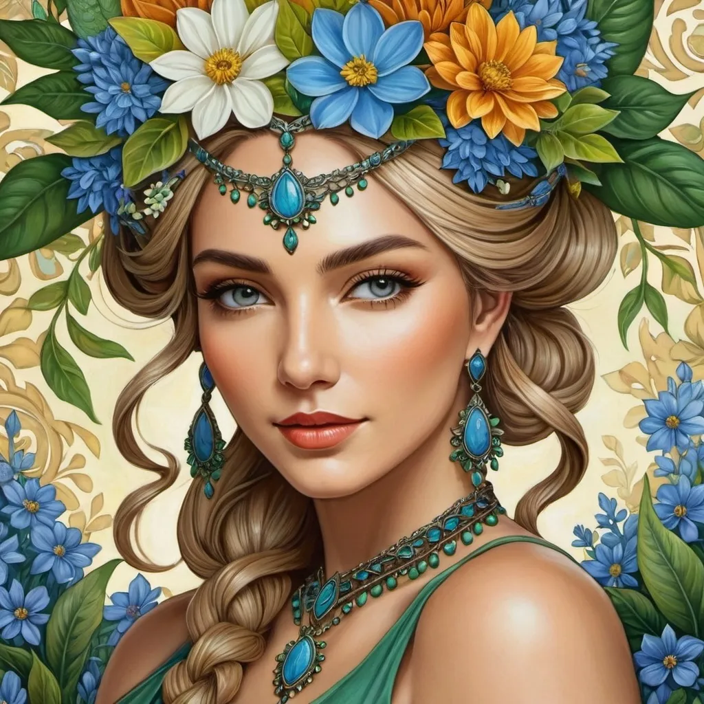 Prompt: a painting of a woman with flowers in her hair and a necklace on her head, with leaves and flowers around her neck, Amanda Sage, fantasy art, highly detailed digital painting, a detailed painting