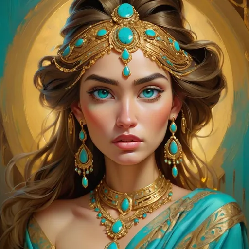 Prompt: <mymodel>Beautiful woman adorned in gold and turquoise, detailed facial features, oil painting, ornate jewelry, flowing garments, highres, vibrant colors, realistic, classic painting, warm lighting, elegant ambiance