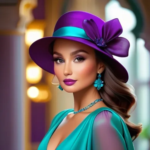 Prompt: Elegant lady in colors of purple and turquoise