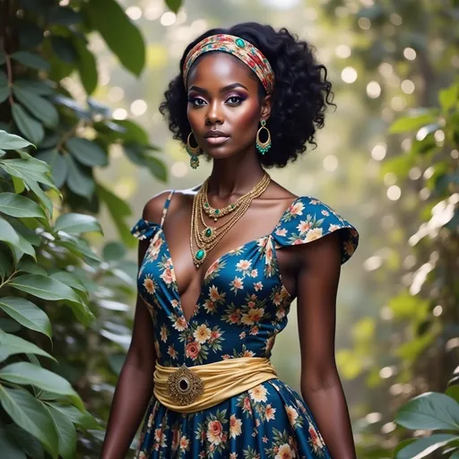 Prompt: Standing amidst lush, vibrant greenery, a striking woman exudes elegance and poise, adorned in a richly colored blue garment that shimmers subtly under the soft, filtered light. Her hair, a cascade of natural curls, is complemented by a colorful headband, while an array of ornate jewelry, including golden hoop earrings and multiple layered necklaces, accentuates her regal demeanor. The scene captures a sense of serenity and strength, with the rich foliage creating a tropical atmosphere, hinting at an exotic land untouched by time. The warm glow of the background enhances the overall mood, inviting a narrative of cultural depth and beauty in the heart of nature.