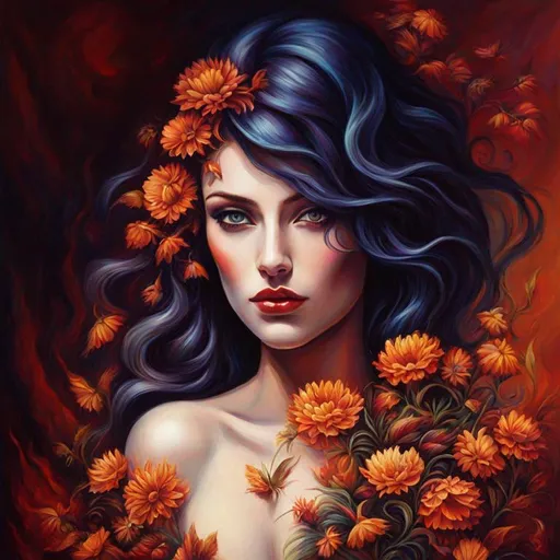 Prompt: Beautiful  hybrid woman with flowers sprouting from her, oil painting, detailed fiery eyes, ethereal glow, dark and mysterious, high quality, vibrant colors, surreal, haunting, intricate floral details, intense gaze, mystical atmosphere, oil painting, demon, hybrid, fiery eyes, ethereal, vibrant colors, surreal, haunting, floral details, intense gaze, mystical atmosphere