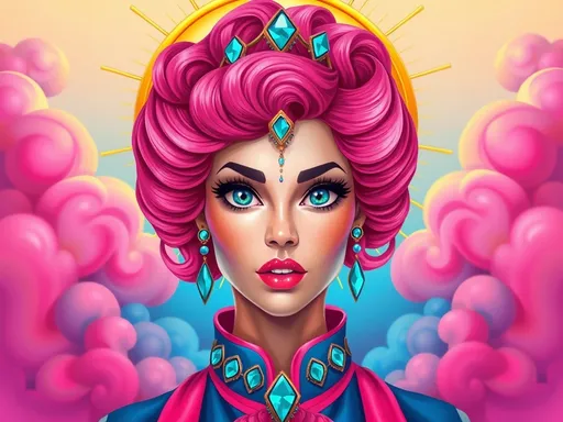 Prompt: This is a vibrant, digital illustration in a highly detailed, surreal style. The central figure is a striking woman with bright pink, curly hair styled in an elaborate, voluminous updo. Her large, expressive blue eyes are accentuated with thick, dark eyebrows and long lashes. She has a fair complexion with a slight blush on her cheeks. She wears a golden, turquoise gemstone forehead piece that matches her turquoise earrings and a high-collared, blue and pink garment adorned with turquoise gemstones. Her lips are full and painted a soft pink. The background features a radiant, circular golden halo with blue and yellow rays emanating from it, set against a gradient of pink, blue, and yellow clouds. The overall composition is symmetrical, with the woman's face and upper torso occupying the center, and the colorful, swirling background elements framing her. The textures in the image are smooth and glossy, with a high level of detail in the hair and clothing folds. The use of bright, contrasting colors and the fantastical elements create a dreamlike, otherworldly atmosphere.