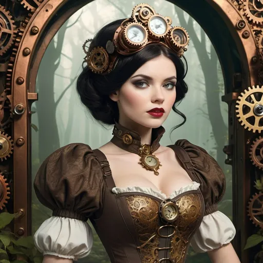 Prompt: Steampunk Snow White, (Victorian-inspired fashion), intricate goggles, ornate mechanical accessories, lush forest background blending technology and nature, (cogs and gears subtly integrated), whimsical atmosphere, muted gold and copper tones, (highly detailed), fantastical elements, deep shadows and warm lighting, (HD, ultra-detailed), capturing a blend of elegance and adventure, enchanting scene with an air of mystery.