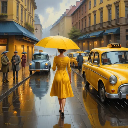 Prompt: a woman in a yellow dress is walking down the street with holding an umbrella in the rain, with a car and a taxi in the background, Evgeny Lushpin, figurative art, highly detailed oil painting, a photorealistic painting