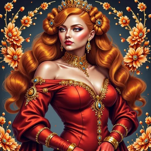 Prompt: Beautiful  hybrid woman with orange flowers sprouting from her, oil painting, detailed fiery eyes, ethereal glow, dark and mysterious, high quality, vibrant colors, surreal, haunting, intricate floral details, intense gaze, mystical atmosphere, oil painting, demon, hybrid, fiery eyes, ethereal, vibrant colors, surreal, haunting, floral details, intense gaze, mystical atmosphere