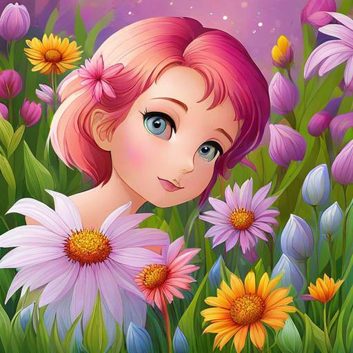 Prompt: a fairy of spring, ,wildflowers, vivid colors, closeup