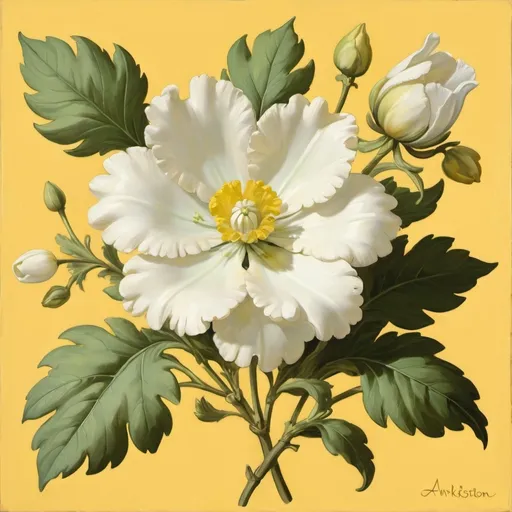 Prompt: a white and yellow flower with green leaves on a yellow background with a yellow background and a white and yellow flower, Annabel Kidston, rococo, artgem, a flemish Baroque