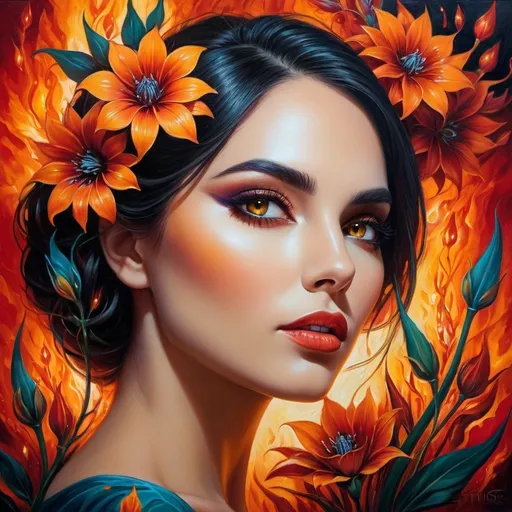 Prompt: Beautiful  hybrid woman with flowers sprouting from her, oil painting, detailed fiery eyes, ethereal glow, dark and mysterious, high quality, vibrant colors, surreal, haunting, intricate floral details, intense gaze, mystical atmosphere, oil painting, demon, hybrid, fiery eyes, ethereal, vibrant colors, surreal, haunting, floral details, intense gaze, mystical atmosphere