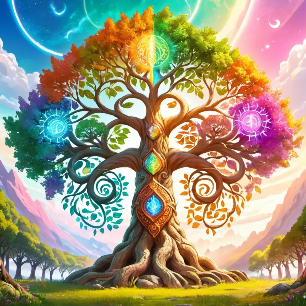 Prompt: Yggdrasil tree, fantasy, nordic mythology theme, enormous, gigantic, colorful, a lot of light, aura, lively, naturally, a little mystery