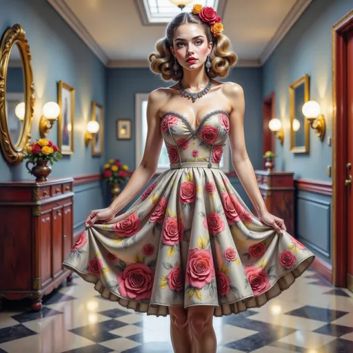 Prompt: a  stylish woman  of the 50's in a dress with roses on it is standing in a hallway with luggage and a suitcase behind her, Edwin Georgi, kitsch movement, fashion photography, a photorealistic painting