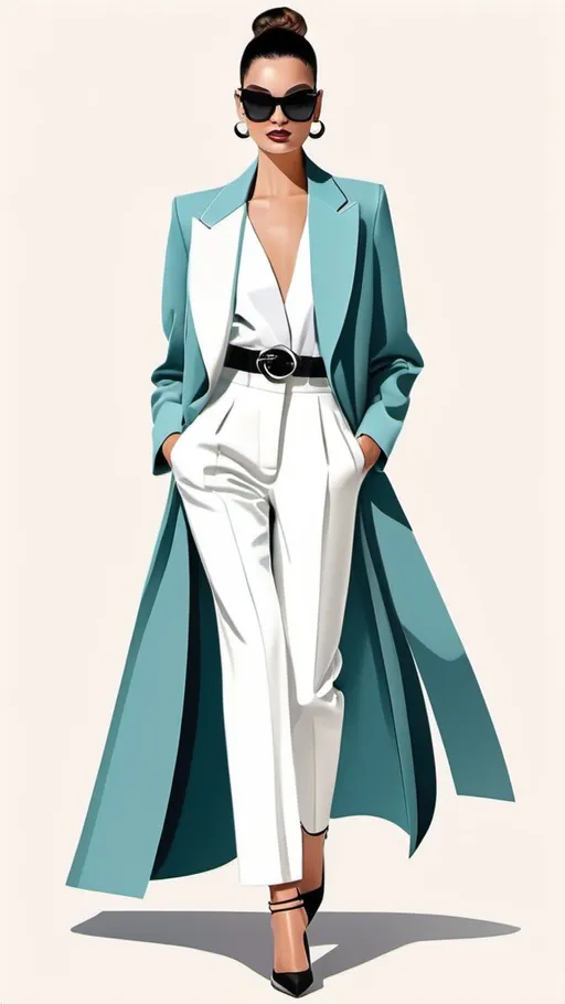 Prompt: fashion illustration, professional and sleek design, modern chic style, elegant lines and shapes, dynamic poses, stylish outfits, high fashion details, sophisticated color palette, muted and pastel tones, light shading, crisp and clean aesthetics, minimalist background, emphasis on fabric textures, ultra-detailed, vibrant yet polished appearance, showcasing trends.