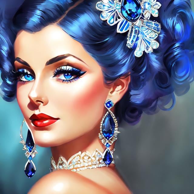 Prompt: Glamorously dressed lady of rhe 1930's wearing sapphire jewelry,blue eyes