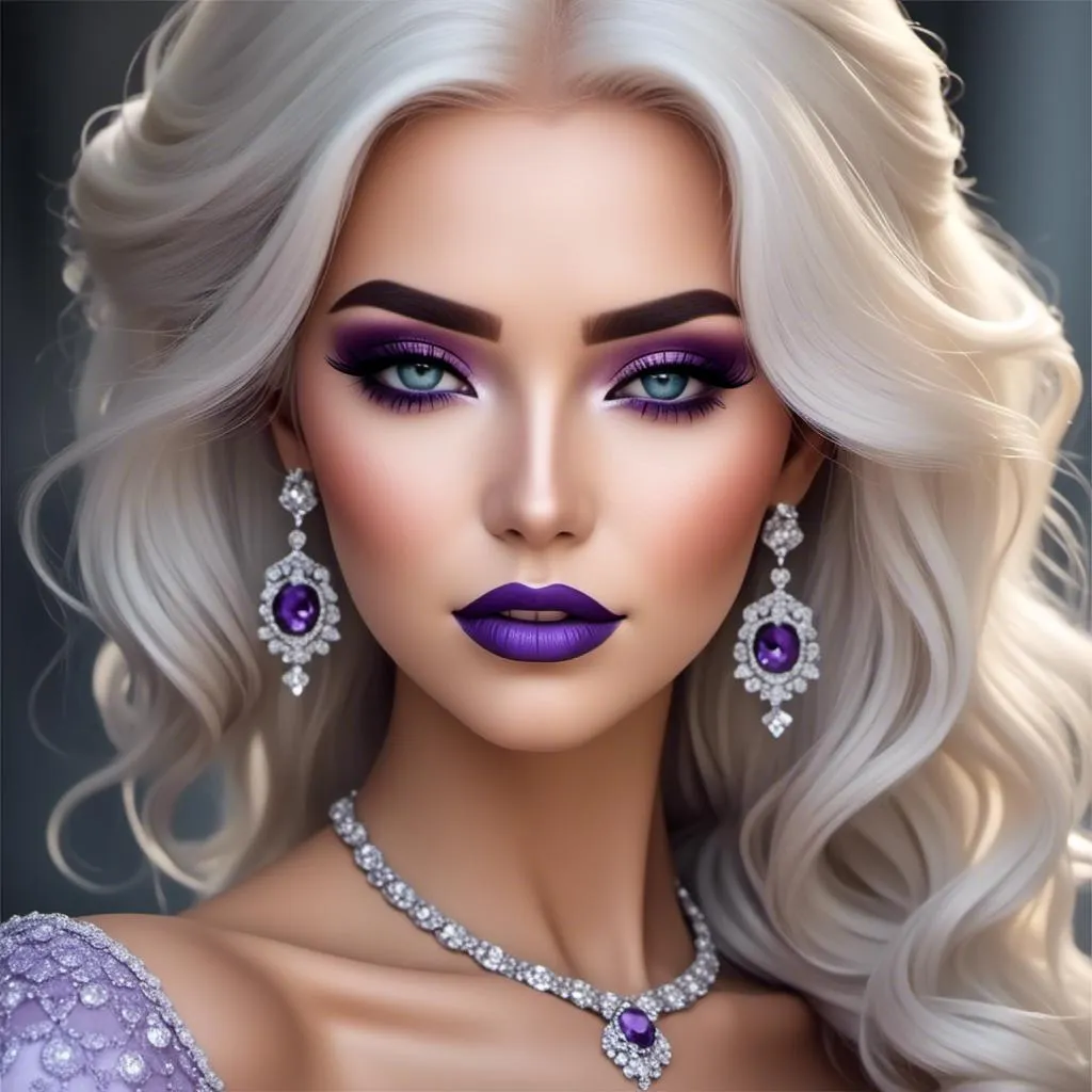 Prompt: <mymodel>Hypnotic bimbo  platinum  blonde   gold lips and purple eyeshadow 