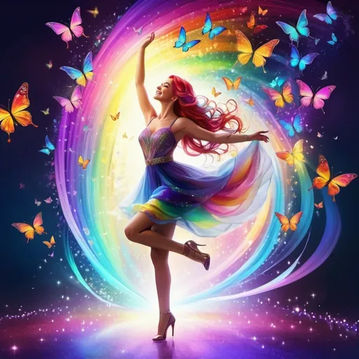 Prompt: (rainbow lady), vibrant colors, flowing multicolored hair, whimsical attire accentuated with geometric patterns, ethereal background with swirling hues, uplifting atmosphere, enchanting smile, surrounded by luminous butterflies, sparkling light effusions, magical feel, (4K), ultra-detailed, captivating composition, cheerful mood, reminiscent of a fairytale.