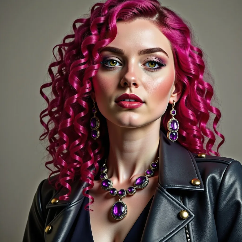 Prompt: a woman with bright pink hair and purple makeup is wearing a necklace and earrings with jewels on it and a necklace with a drop, Elina Karimova, synchromism, pink, a stock photo