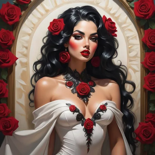 Prompt: Radiating elegance, a striking figure captivates the viewer with her lush, voluminous black hair cascading in waves, adorned with a vibrant red rose that complements her bold aesthetic. Her piercing gaze, framed by long lashes and highlighted by perfectly arched brows, emphasizes her luscious lips painted in a deep red, exuding confidence and allure. Dressed in a stylish black top embellished with intricate floral designs, she pairs it with ornate jewelry featuring a central gemstone and elaborate earrings that gently sway with her movements. Behind her, an opulent background of golden hues and swirling floral patterns creates a luxurious atmosphere, enhancing the enchanting narrative of beauty and sophistication. The overall composition encapsulates a sense of timeless glamour, inviting intrigue and admiration.
