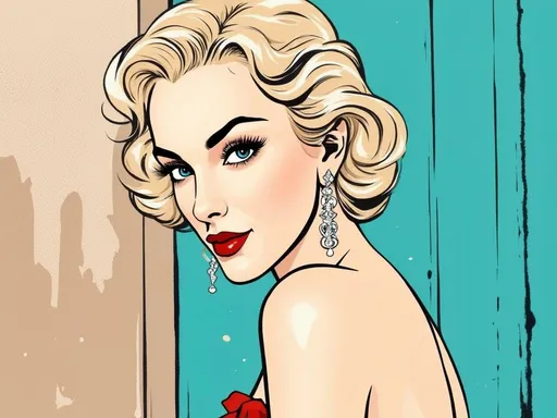 Prompt: This image is a digital illustration in a retro, pop art style, reminiscent of mid-20th century pin-up art. The subject is a young woman with fair skin and classic 1950s-style blonde, wavy hair that is neatly curled and styled. She has large, expressive eyes with dark eyeliner and long lashes, and she is looking over her shoulder with a slight, confident smile. Her lips are painted a vibrant red, matching the red bow at the top of her strapless dress. She is wearing large, dangling earrings with white and silver accents. The background features a vertical teal panel on the right side and a textured beige wall on the left side, creating a contrast with the subject's fair skin and bright red lips. The illustration uses bold black outlines and a limited color palette, emphasizing the retro aesthetic. The texture of the background is subtly detailed, adding depth without distracting from the subject. The overall composition is balanced, with the subject's head slightly turned to the left, allowing for a three-quarter view of her face and upper body.