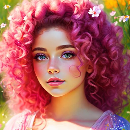 Prompt: a young fairy of spring, very curly hair, pink glow on cheeks,wildflowers, vivid colors, closeup