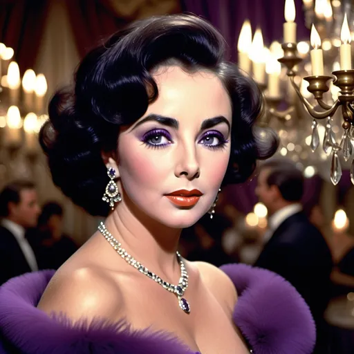 Prompt: Visualize a classic portrait of Elizabeth Taylor, capturing her timeless elegance and fierce spirit. She stands gracefully, her striking violet eyes piercing through the soft, diffused lighting, reminiscent of an old Hollywood glamour shoot. The background is a blurred opulent ballroom, with chandeliers sparkling above, casting warm glimmers of light that dance on her iconic dark hair, styled in luxurious waves from the 1960s. Her lips are painted in a deep, sultry red, while she wears a stunning, richly colored gown adorned with intricate beading that reflects hues of deep emerald and sapphire. A soft focus draws attention to her expression, which reveals a blend of strength and vulnerability, encapsulating her legendary charisma. The atmosphere is one of grandeur and nostalgia, evoking the essence of cinematic lighting in a photorealistic style.