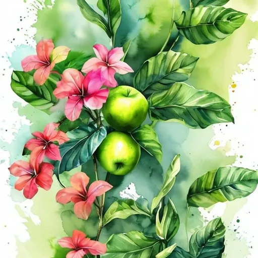 Prompt: CARIBBEAN FLOWERS PLANTS APPLES TREES MOJITO COCKTAIL GREEN TAILED WATERCOLOR BACKGROUNG