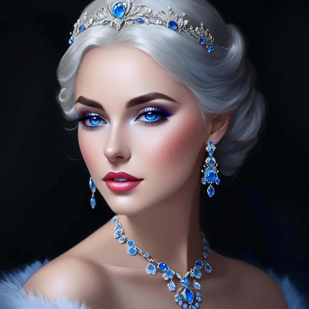 Prompt: <mymodel>A beautiful woman, snow white hair with pastel highlights, frosty blue eyes, blue eyeshadow, blue jewels on forehead