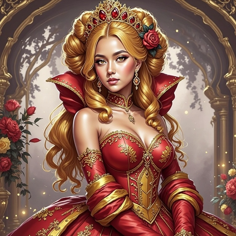 Prompt: <mymodel> a woman in a red dress with gold trimmings and a tiara on her head and shoulders, Chen Hong, fantasy art, highly detailed digital painting, a detailed painting