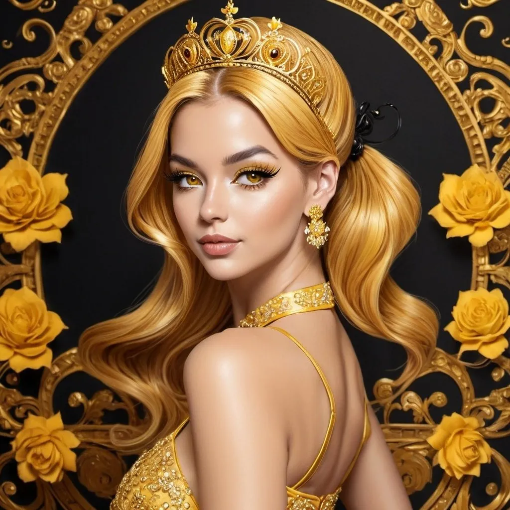 Prompt: <mymodel>Queen bee-A beautiful woman with golden hair arrainged in a top knot behind a gold tiara. Amber colored eyes, gown in colors of yellow and black, facial closeup