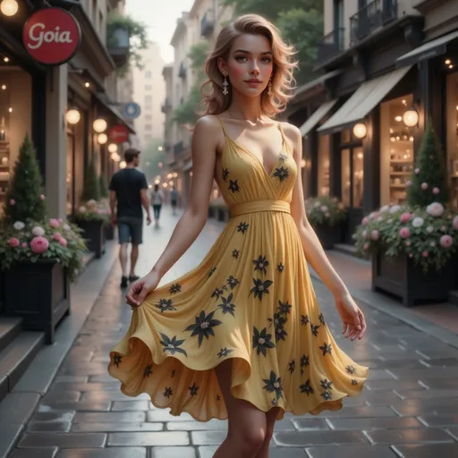 Prompt: Bathed in the soft glow of late afternoon sunlight, a young woman gracefully twirls in a vibrant yellow dress adorned with black and white floral patterns, creating a lively scene on a charming city street. Her elegant posture, accentuated by delicate earrings and a sophisticated hairstyle, captures a sense of joy and poise as she stands against an enchanting backdrop of boutique storefronts and lush greenery in planters. A figure in a dark shirt walks away in the background, adding to the urban atmosphere, while the cobblestone path glistens slightly, hinting at a recent rain. The rich colors and warm lighting enhance the vividness of the moment, evoking a feeling of stylish summer spontaneity. Overall, the image conveys a lively blend of fashion and city life, celebrating both beauty and the spirit of exploration.