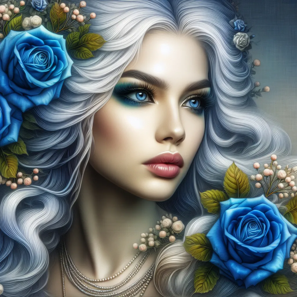 Prompt: a woman with pretty makeup and  white hair, blue roses in her hair. Artgerm, fantasy art, highly detailed digital painting, a detailed painting