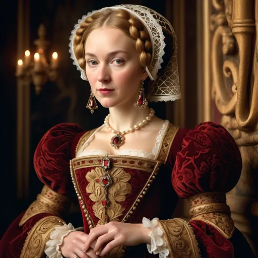 Prompt: (statuesque portrait of Anne of Cleves), vibrant Tudor-era attire, intricate lace details, embroidered patterns, serene expression, elegant pose, rich background of a historic castle, warm gold and deep crimson tones, soft diffused lighting, classical artwork style, ultra-detailed, regal atmosphere, capturing the essence of 16th-century nobility, majestic ambiance.