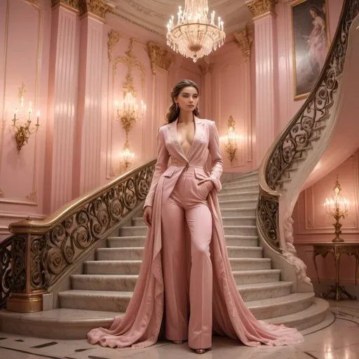 Prompt: Bathed in soft, romantic lighting, the scene unfolds within an opulent interior characterized by pastel pink walls adorned with elegant portraits of women dressed in flowing gowns. A stunning young woman stands gracefully on a grand staircase, her attire—a pink pants suit, blending sophistication with modernity. The setting features ornate chandeliers casting a warm glow and an exquisite, tufted sofa nearby, enhancing the atmosphere of refinement. The careful composition highlights the curves and lines of both the staircase and the gown, while the gentle expression of the woman conveys a sense of poise and femininity, inviting viewers into a world of elegance and charm.
