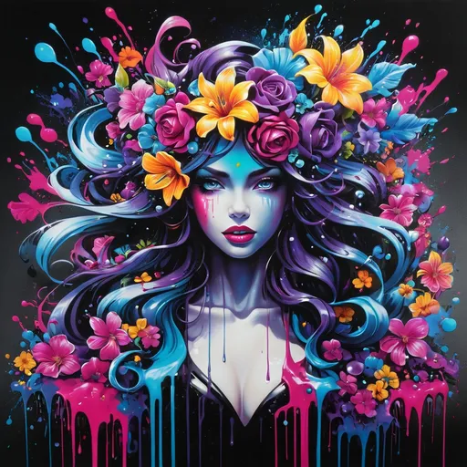 Prompt: Flower Siren graffiti art, splash art, street art, spray paint, oil gouache melting, acrylic, high contrast, colorful polychromatic, ultra detailed, ultra quality, CGSociety