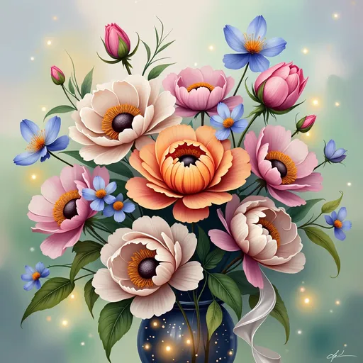 Prompt: This image is a digital painting in a realistic style, depicting a vibrant and detailed floral arrangement. At the center is a large, sunflower-like flower with a bright yellow petal rim and a dark brown, textured center. Surrounding it are several large, creamy white peonies with subtle yellow centers, and smaller blue flowers with yellow centers, adding a delicate contrast. The flowers are arranged in a dark blue vase with a glossy texture, adorned with faint, glowing patterns. Green leaves intersperse among the flowers, providing a natural backdrop. The background is a blurred gradient of green and yellow, with small, glowing yellow dots scattered throughout, giving a magical, ethereal feel. A white, flowing ribbon is draped over the vase on the right side. The overall composition is lush and vibrant, with a harmonious balance of colors and textures that evoke a sense of freshness and beauty.