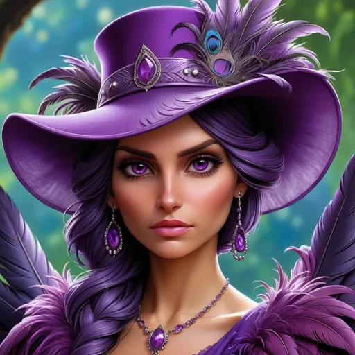 Prompt: a woman wearing a purple hat with feathers on it's head and a purple dress with a purple feathered dress, Anne Stokes, fantasy art, highly detailed digital painting, a detailed painting