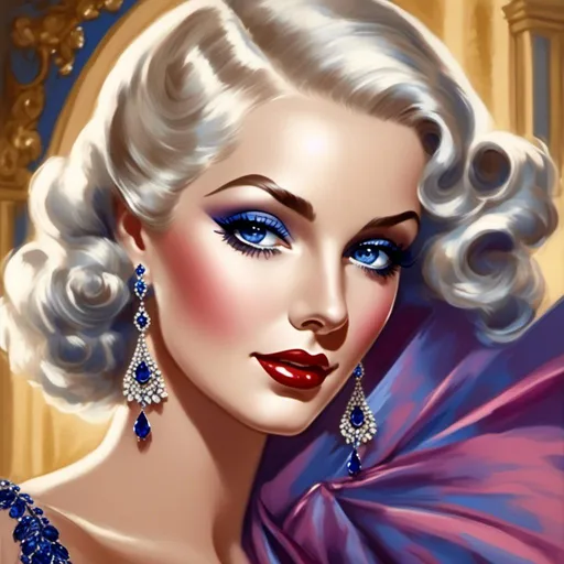 Prompt: <mymodel>Glamorously dressed 1930's lady, sapphire jewelry, blue eyes, vintage glam, luxurious satin gown, elegant updo hairstyle, detailed facial features, high-quality, vintage, glamorous, detailed sapphire jewelry, sophisticated makeup, atmospheric lighting, deep blue color tones, classic Hollywood style