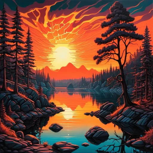 Prompt: a painting of a sunset over a lake with trees and rocks in the foreground and a bright orange sky, Dan Mumford, psychedelic art, sun, an airbrush painting