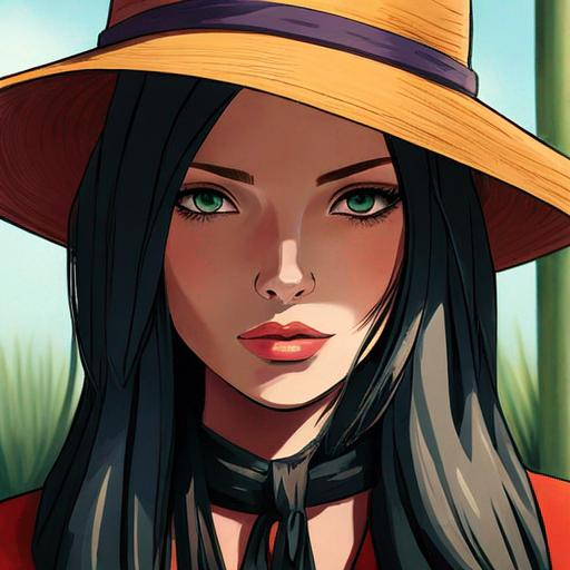 Prompt: girl with a floppy hat, green eyes