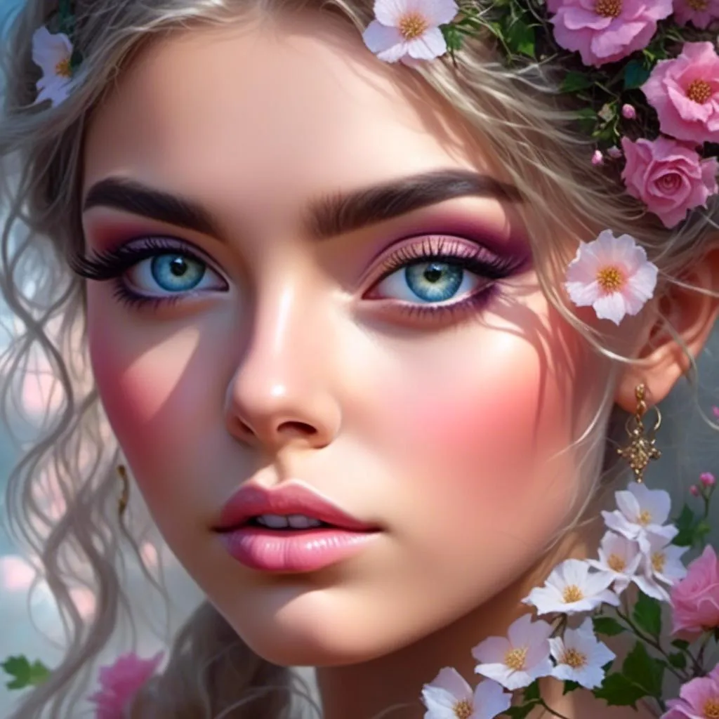 Prompt: <mymodel>a beautiful woman , lots of pretty pink flowers