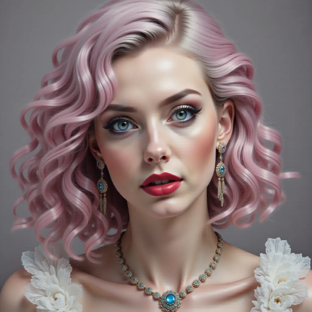 Prompt: a woman with pink hair and a necklace and earrings on her neck and chest, wearing a necklace and earrings, Edwin Georgi, photorealism, highly detailed digital painting, a photorealistic painting