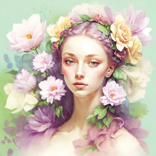 Prompt: Beautiful creation, woman with flowers in her hair, pastel colors