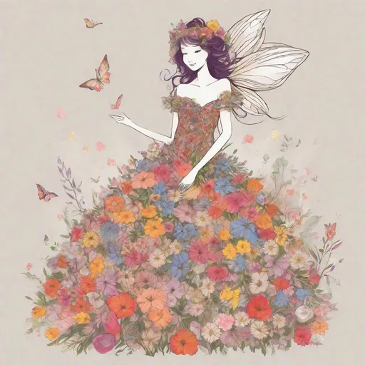 Prompt: a fairy with a dress made of flowers