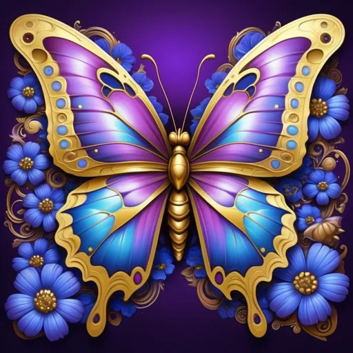 Prompt: <mymodel> a colorful butterfly with blue flowers on a purple background with gold accents. Android Jones, psychedelic art, highly detailed digital painting, an airbrush painting