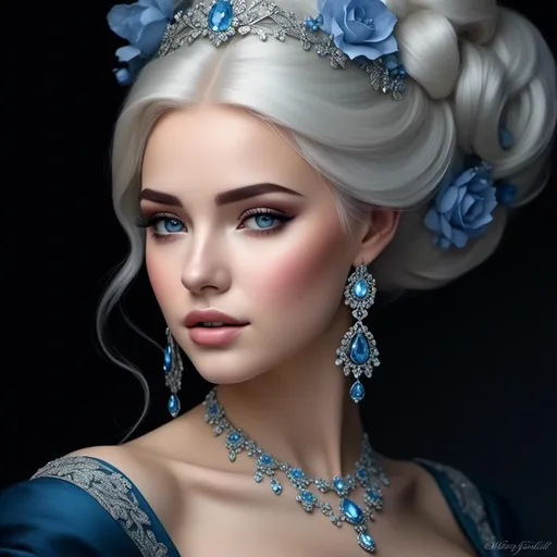 Prompt: <mymodel>High-res digital painting of a beautiful woman with snow white hair and pastel highlights, frosty blue eyes, blue eyeshadow, and blue jewels on her forehead, ethereal fantasy style, cool tones, soft and magical lighting, detailed facial features, professional, elegant, high quality