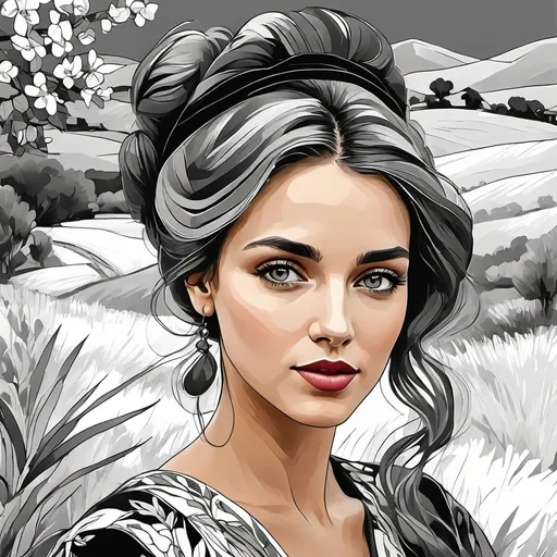 Prompt: <mymodel>Beautiful italian lady in an beautiful landscape of Umbrië, Style Flora Bowley and Vincent van Gogh,8k, dynamic lighting, ultra detailed